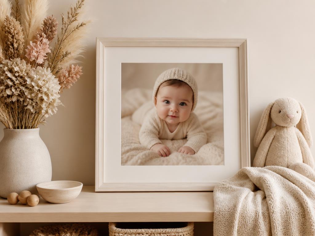 Framed baby photograph on a nursery shelf