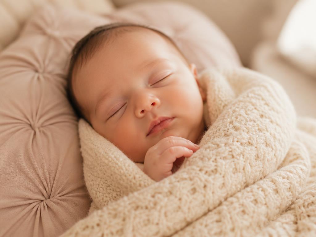 Newborn baby sleeping peacefully wrapped in a soft knit blanket